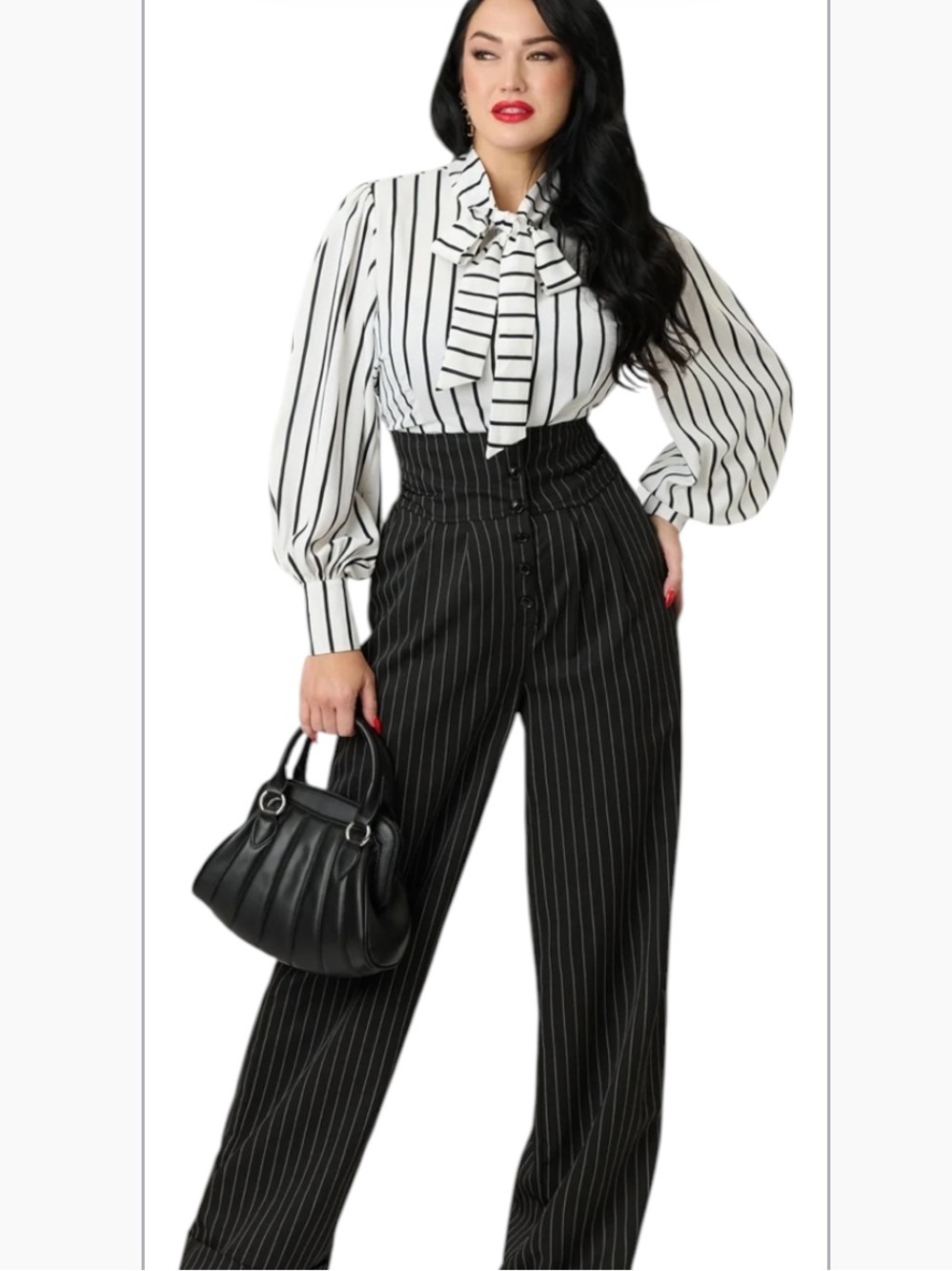 Unique Vintage 1940s White & Black Stripe Neck Tie Gwen Blouse